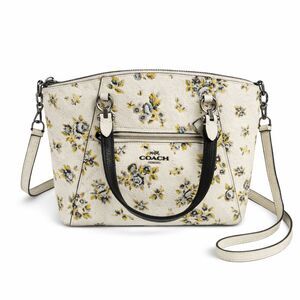 Coach Floral Pebbled Leather Top Handle Satchel Crossbody Cream Handbag